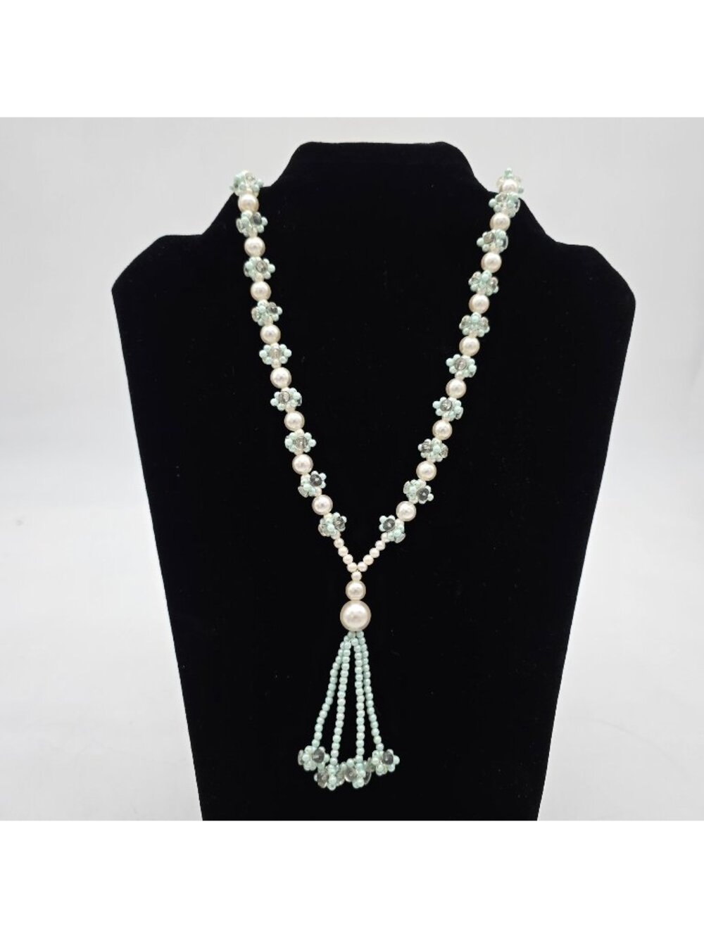 Handmade Pearl & Mint Green Beaded Necklace With Floral Details & Tassel Accent